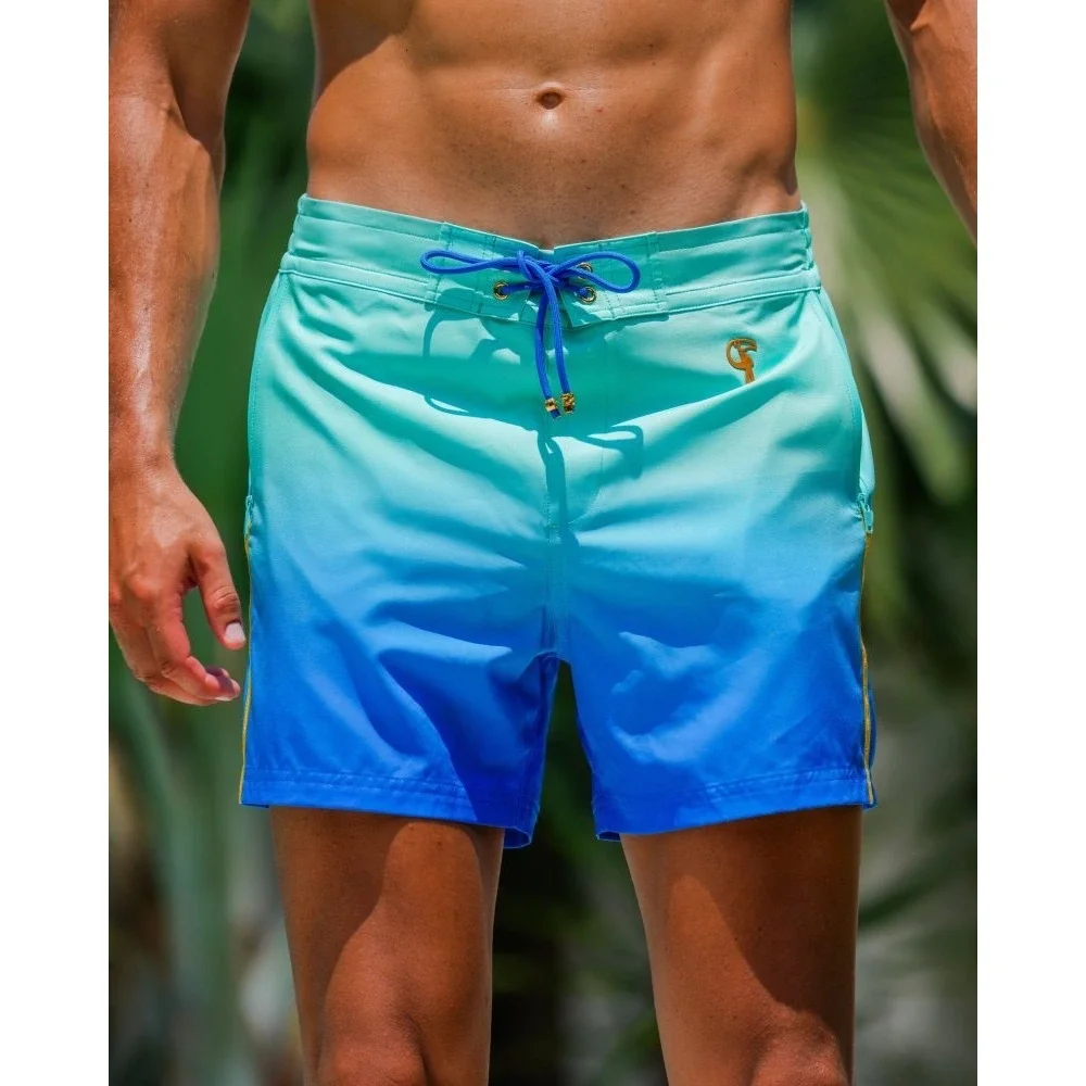 NEW Tucann Faded Ocean Swim Shorts Men Large 5 Inch Inseam Blue Teal Compression